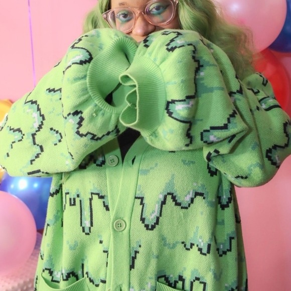 Etsy Egglien Creations Green Pixel Slime Balloon Sleeve Cardigan - Picture 1 of 11